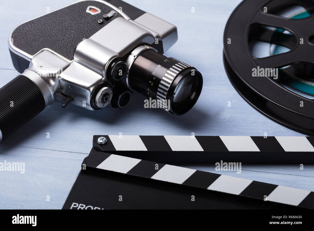 Close-up Of Movie Camera With Film Reel And Clapper Board Stock Photo -  Alamy