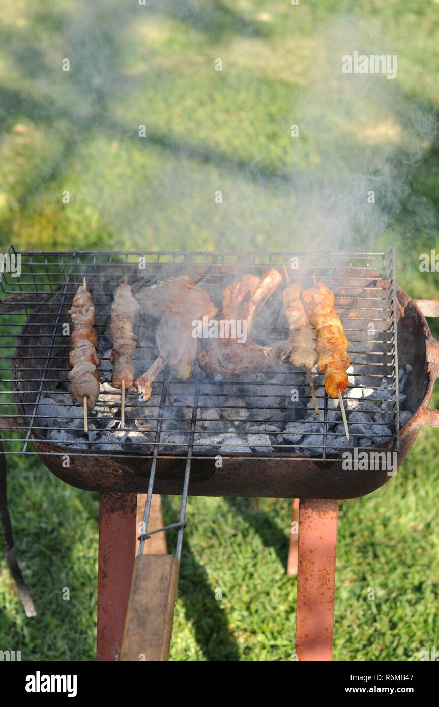 Traditional Cypriot meze and kebap barbecue party in the garden with ...