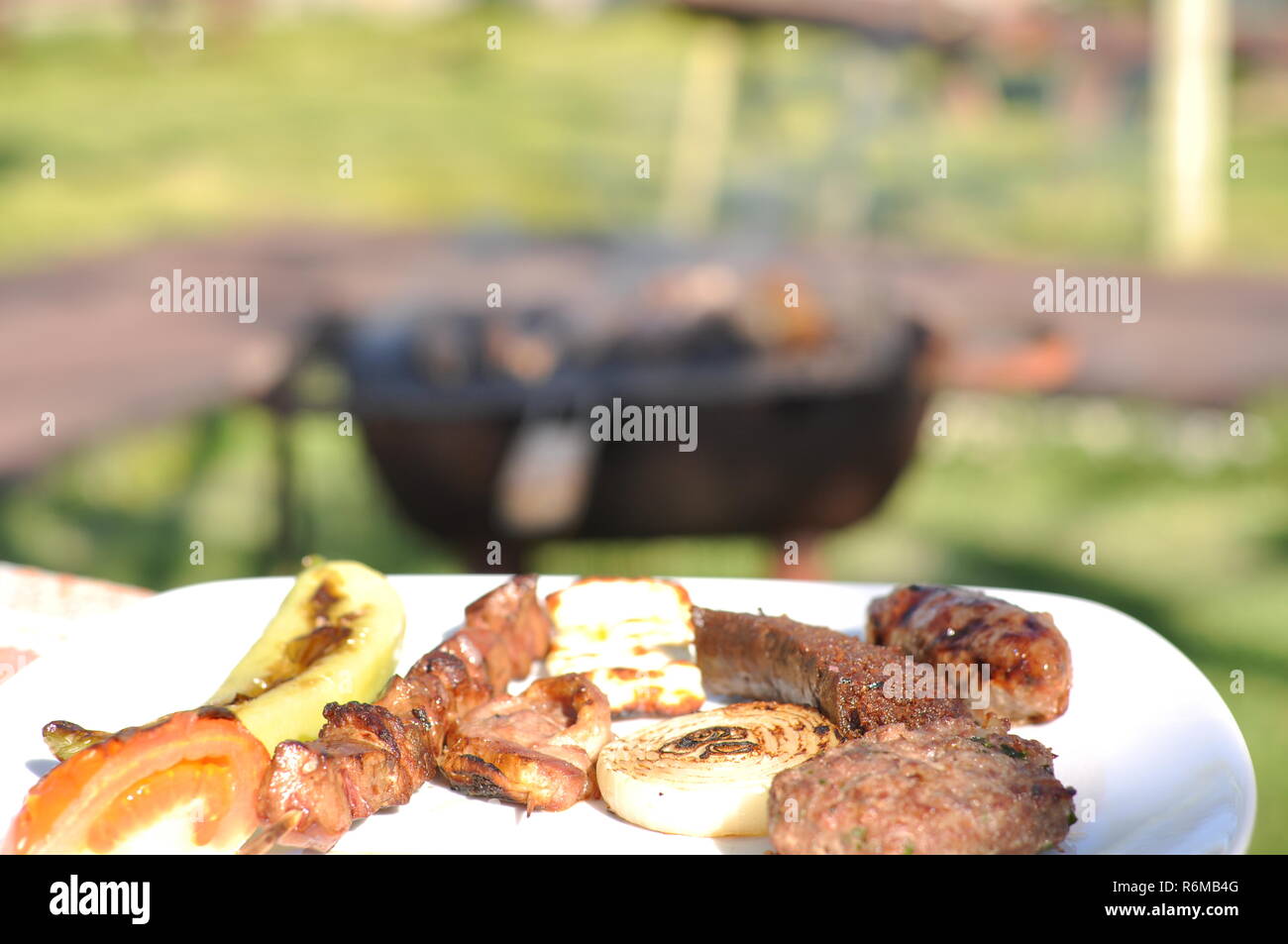 Traditional Cypriot meze and kebap barbecue party in the garden with ...