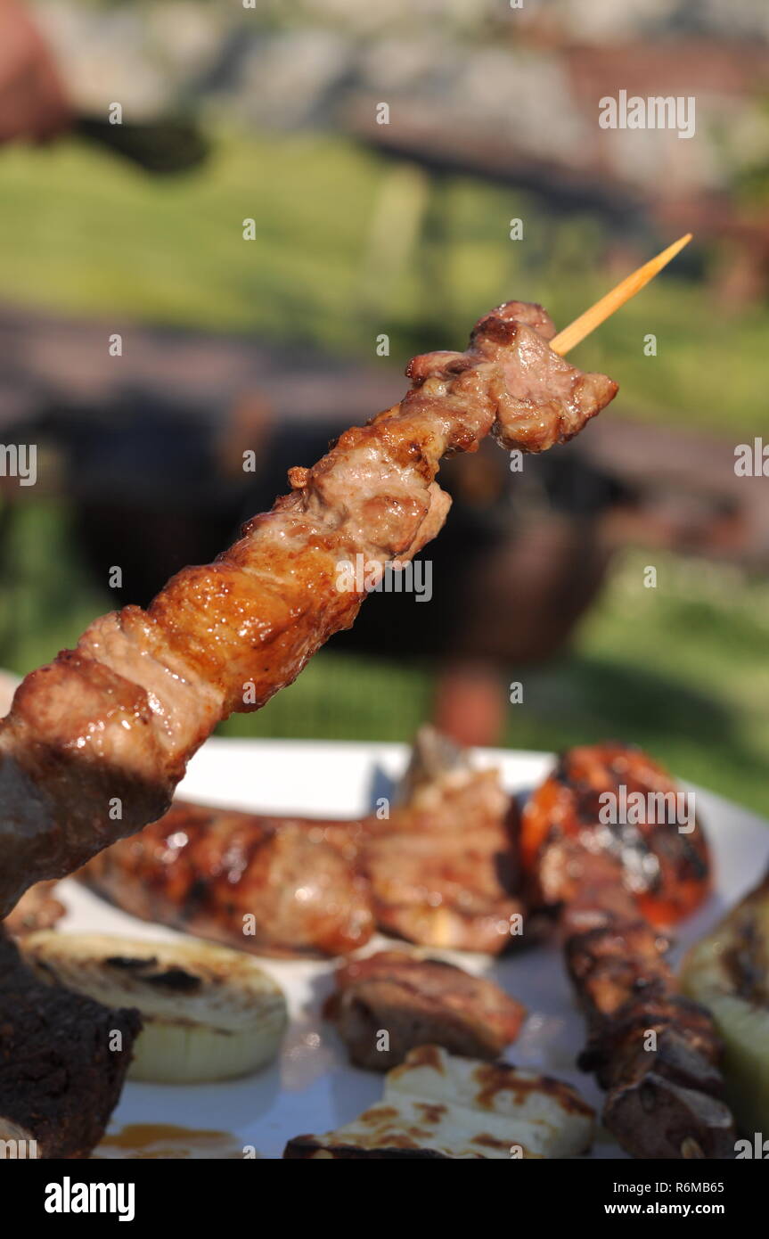 Traditional Cypriot meze and kebap barbecue party in the garden with ...