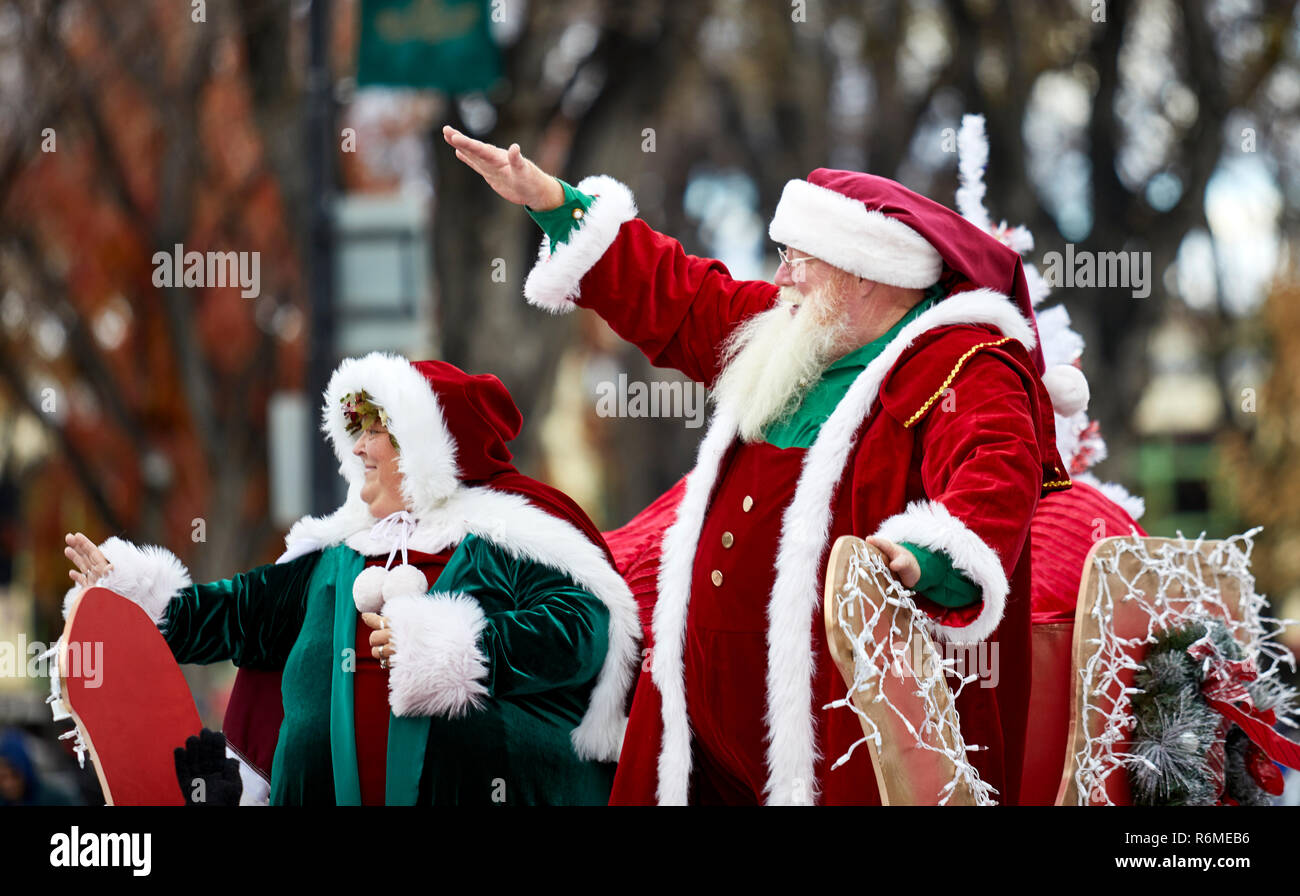 Prescott, Arizona, USA - December 1, 2018: Mr. and Mrs. Santa Claus in Christmas parade Stock Photo