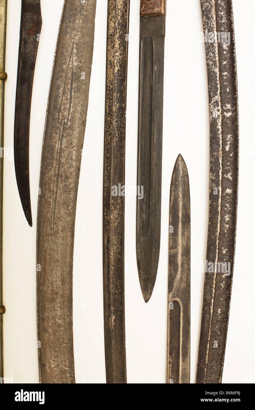 Display case with old historical swords Stock Photo Alamy