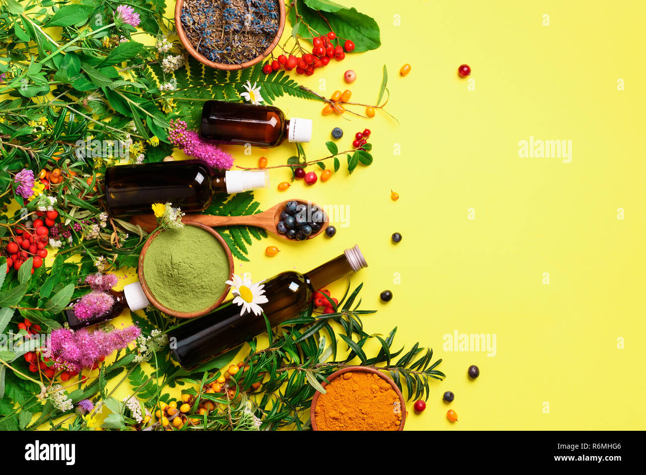 Natural herbal ingredients for alternative medicine on yellow background.  Natural skin care beauty products. Organic concept. Top view, copy space,  fl Stock Photo - Alamy
