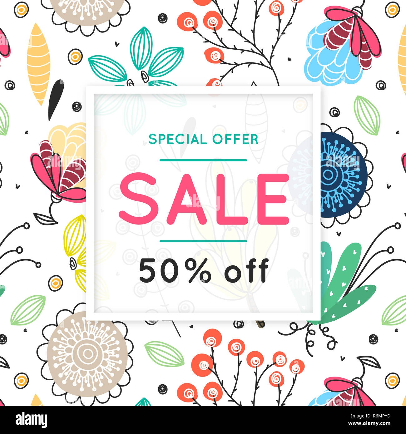 Sale. Floral pattern. Hand drawn flowers. Discount. Shopping. Commerce