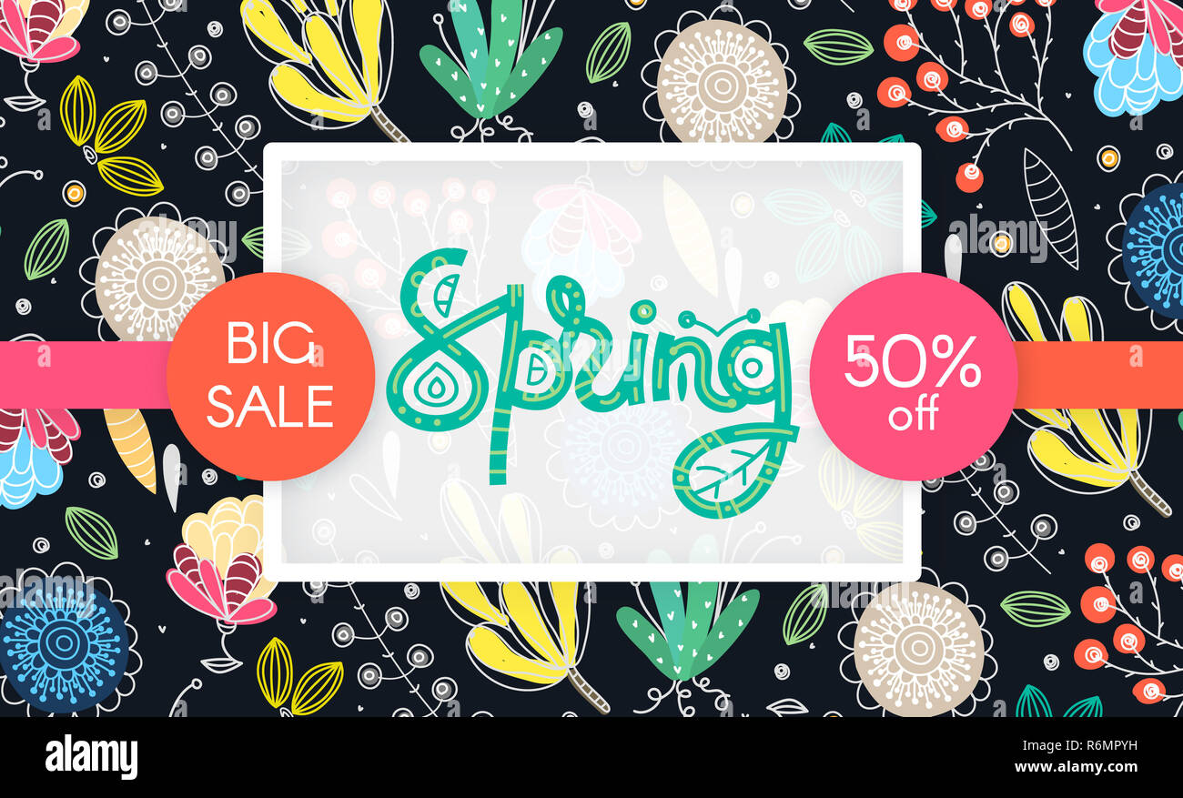 Spring sale. Floral pattern. Hand drawn creative flowers. Discount. Shopping. Lettering in frame. Commerce. Springtime Stock Photo
