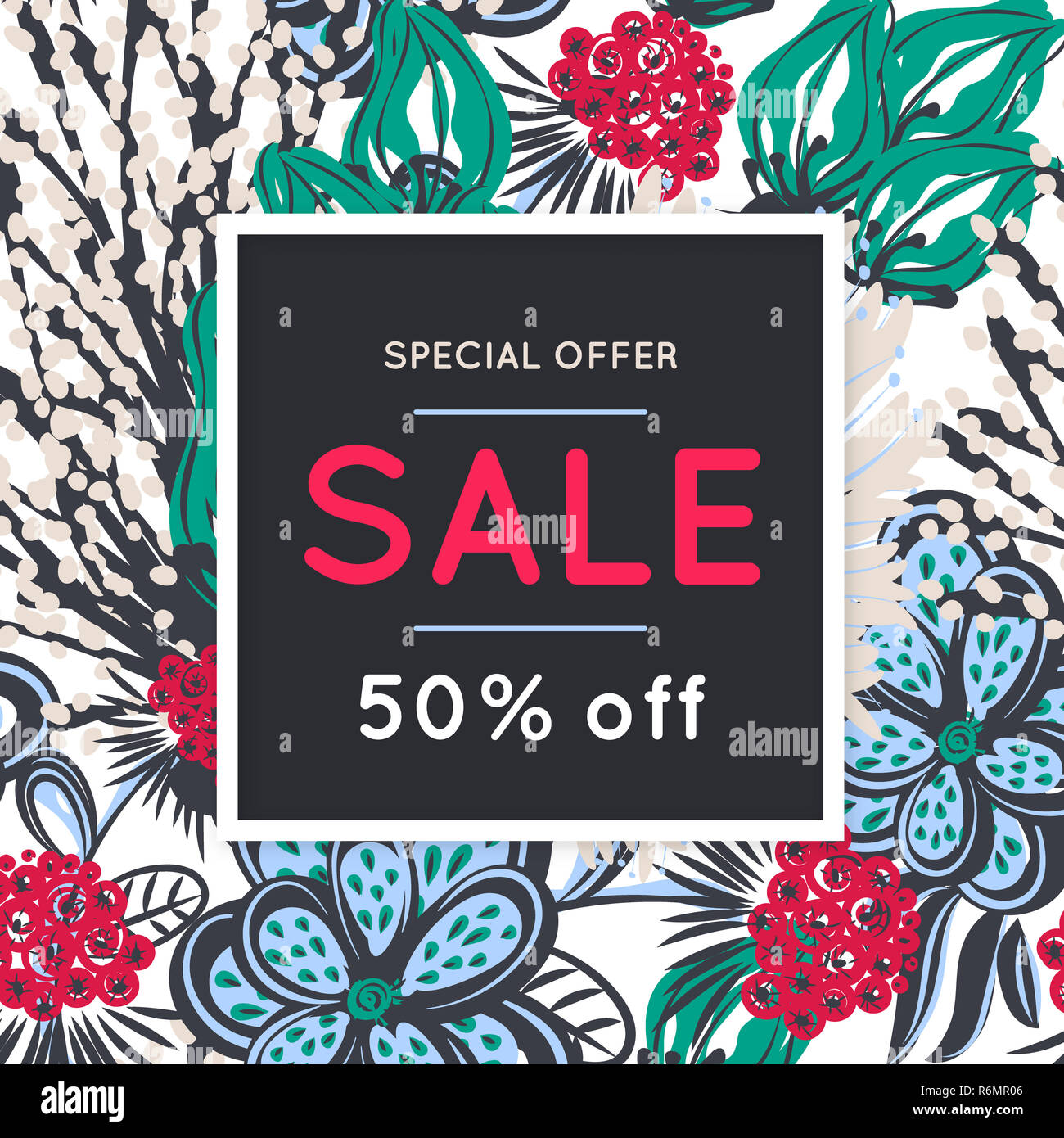 Sale. Floral pattern. Hand drawn flowers. Discount. Shopping. Commerce