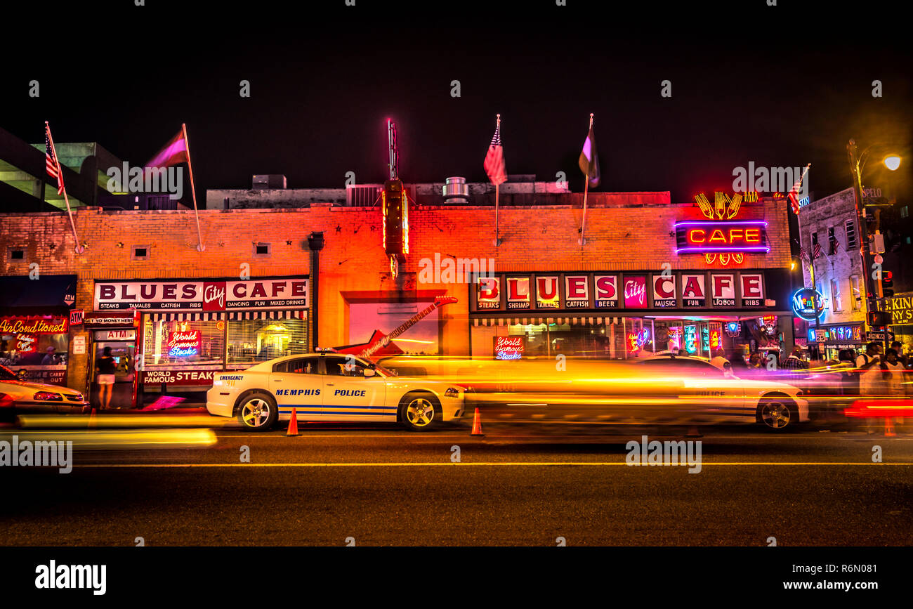 Neon lights illuminate traffic as it passes Blues City Cafe, Sept. 5, 2015, on Beale Street in Memphis, Tennessee. Stock Photo