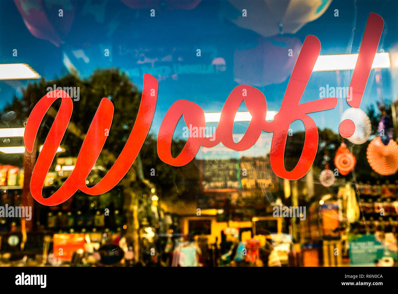 The word, “Woof!” is painted on the door at Hollywood Feed, Sept. 15, 2015, in Memphis, Tennessee. Stock Photo