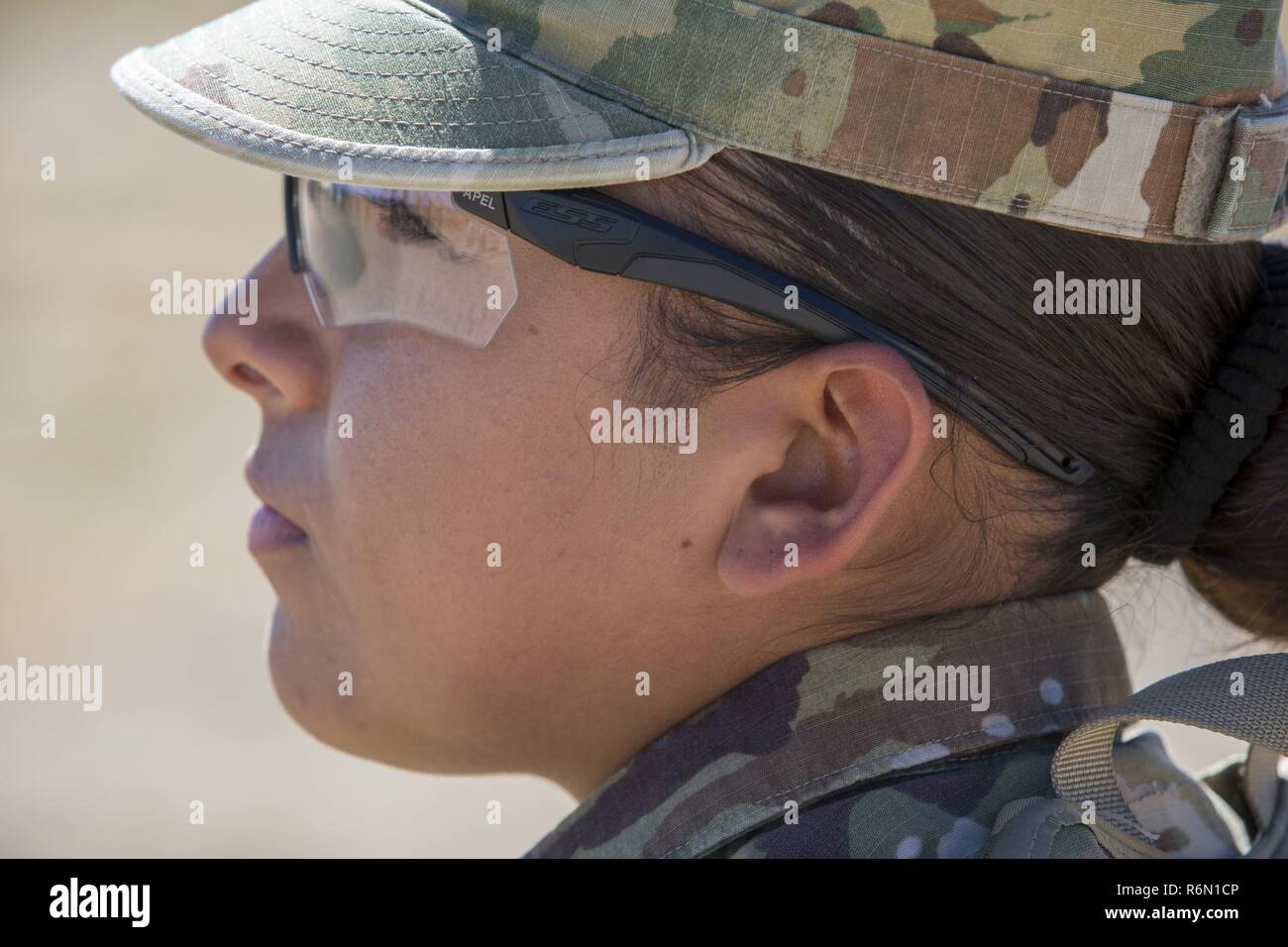 U.S. Army Pfc. Jessica Estrada, assigned to Headquarters and Headquarters Company (HHC) Network Enterprise Technology Command (NETCOM), poses for a portrait at Fort Huachuca, Az., May 12, 2017. Estrada is 1 of 11 Soldiers competing in the 2017 NETCOM Best Warrior Competition. Stock Photo