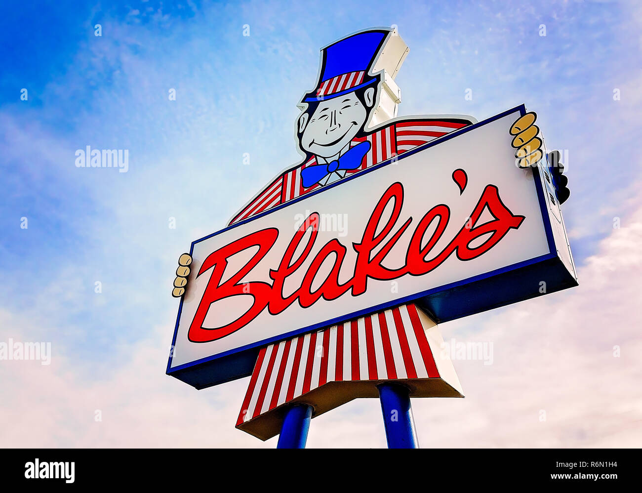 A vintage sign advertises Blake’s Lotaburger restaurant, November 15, 2017, in Farmington, New Mexico. Blake’s was founded in 1952. Stock Photo