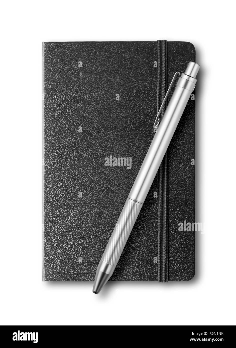 black closed notebook and pen isolated on white Stock Photo
