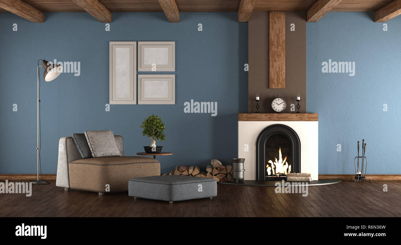 Blue and brown room with fireplace Stock Photo Alamy