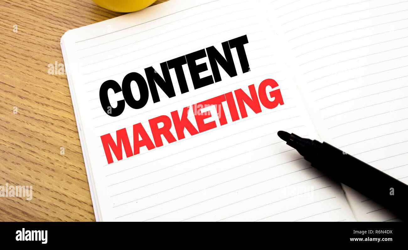 Conceptual hand writing text caption inspiration showing Content Marketing. Business concept for Online Media Plan written on notebook, copy space on book background with marker pen Stock Photo