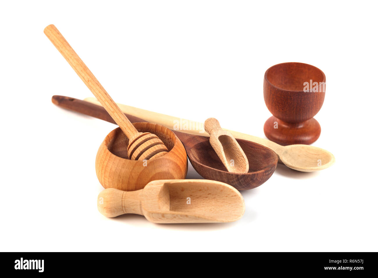 Set of wooden kitchen utensils isolated on white background Stock Photo ...