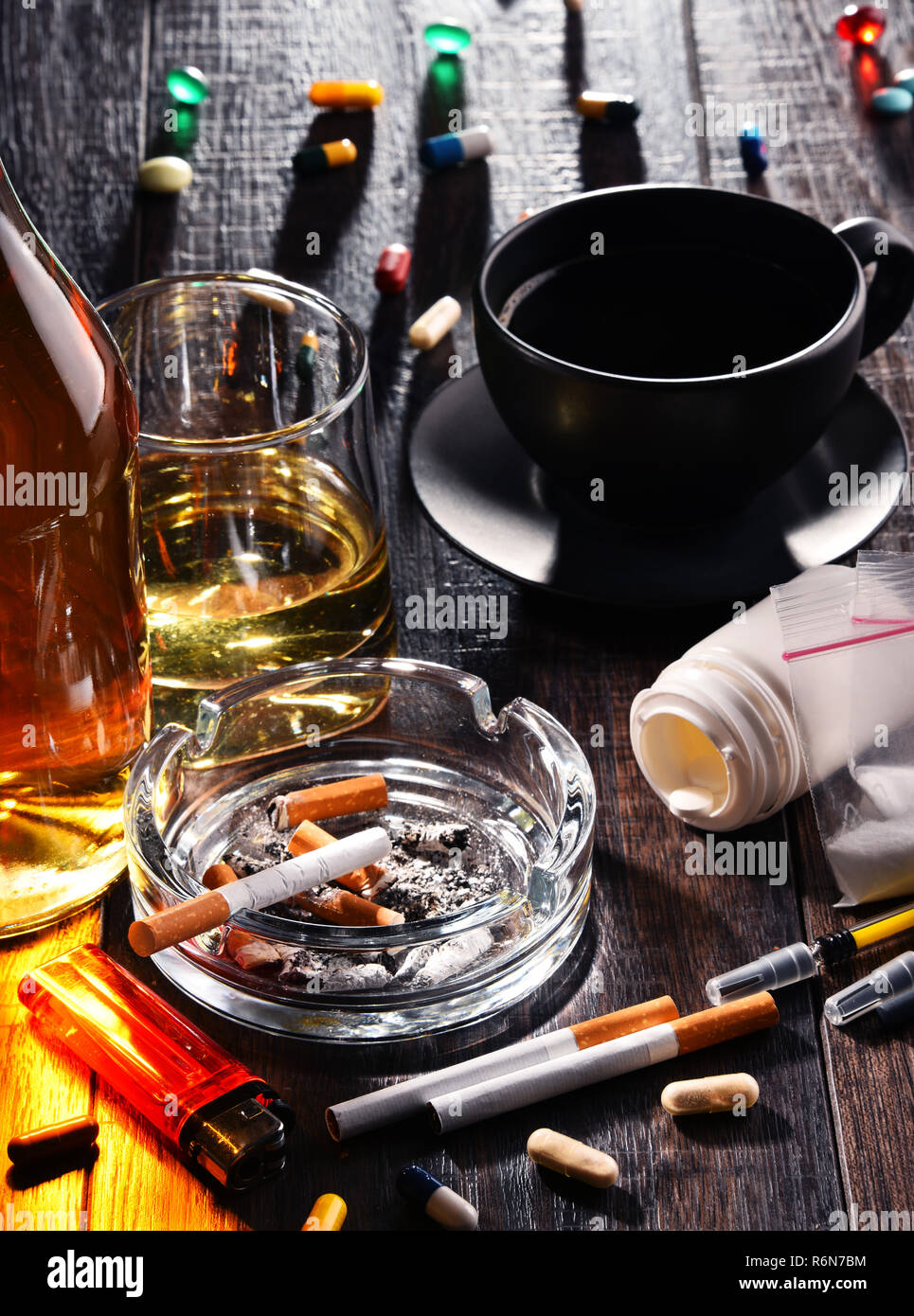 Addictive substances, including alcohol, cigarettes and drugs Stock
