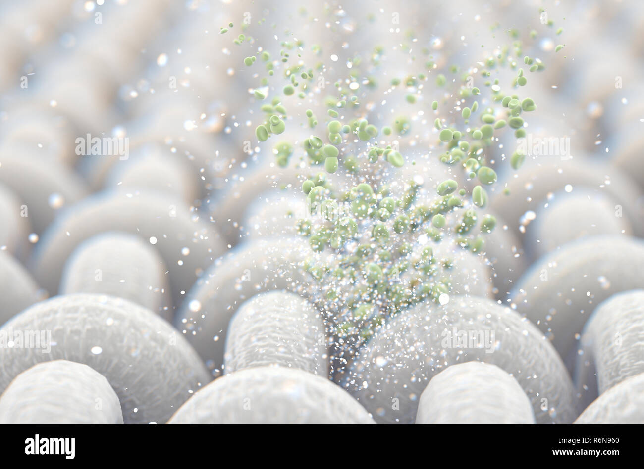 A microscopic close up view of a simple woven textile and a visible green particles  - 3D render Stock Photo