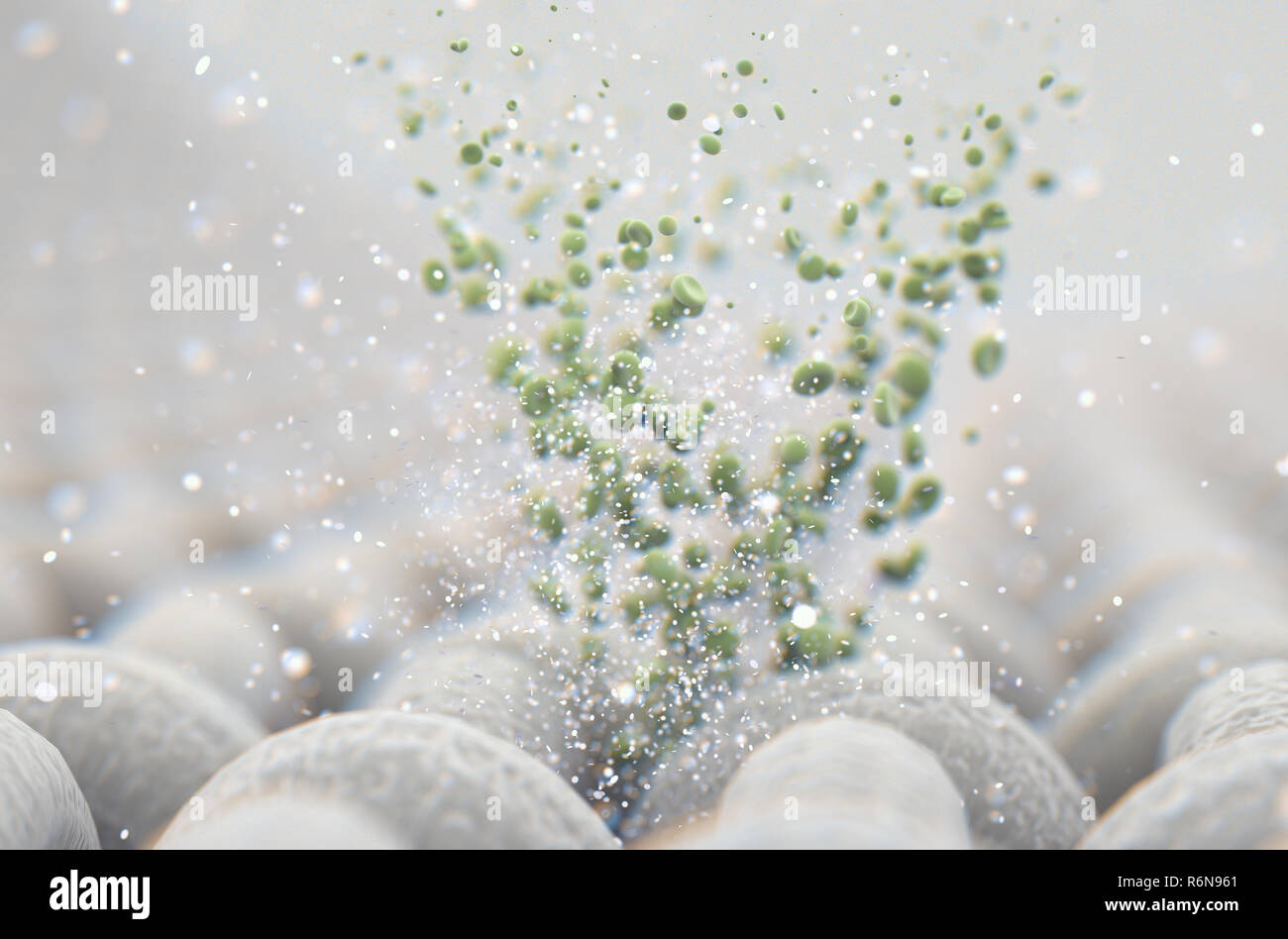 A microscopic close up view of a simple woven textile and a visible green particles  - 3D render Stock Photo