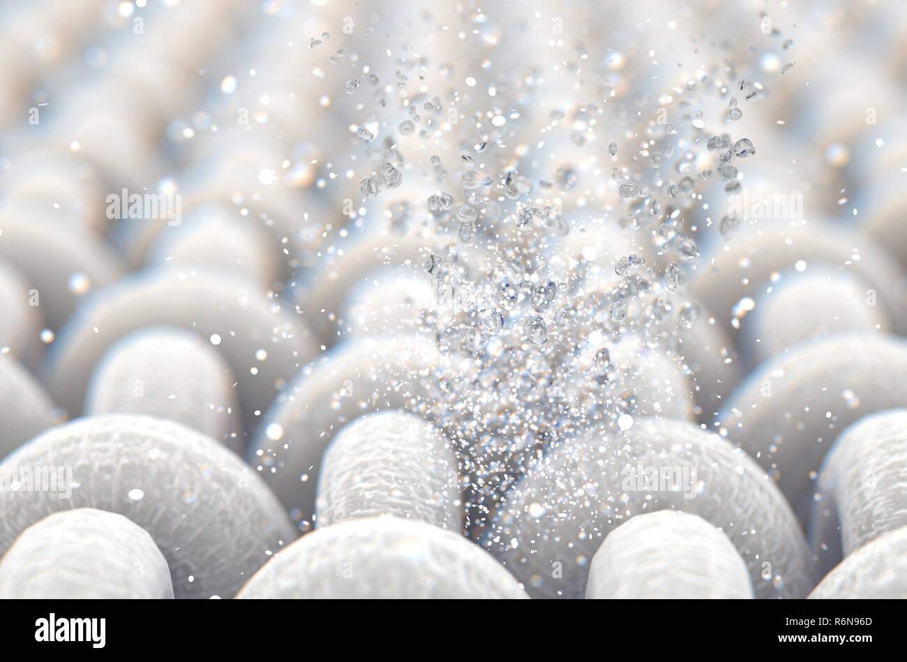 A microscopic close up view of a simple woven textile and a visible water bubbles  - 3D render Stock Photo