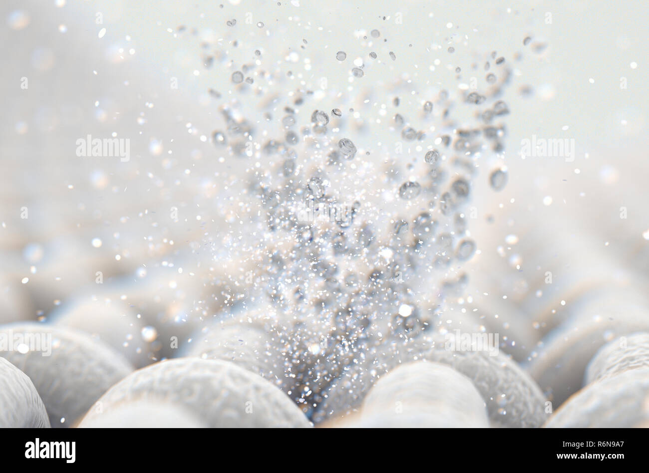 A microscopic close up view of a simple woven textile and a visible water bubbles  - 3D render Stock Photo