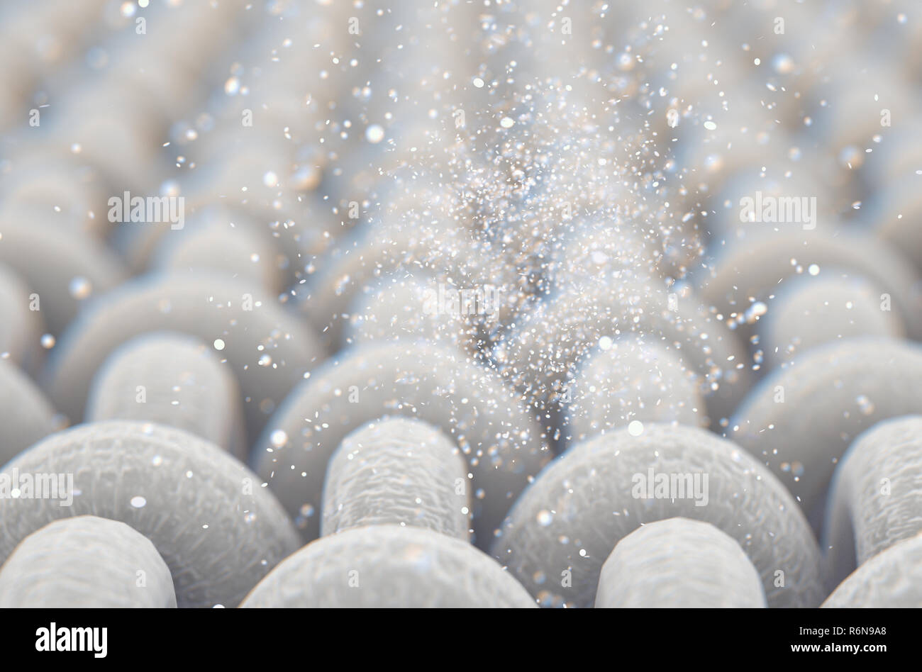 A microscopic close up view of a simple woven textile and a visible white particles  - 3D render Stock Photo