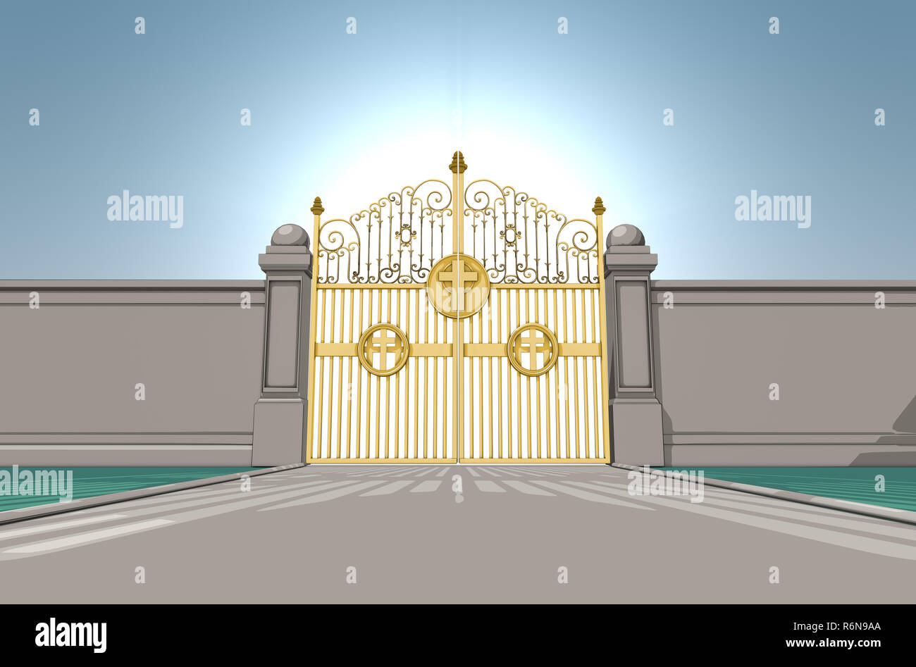 An illustrated depiction of the golden pearly gates of heaven closed shut on a blue sky background - 3D render Stock Photo