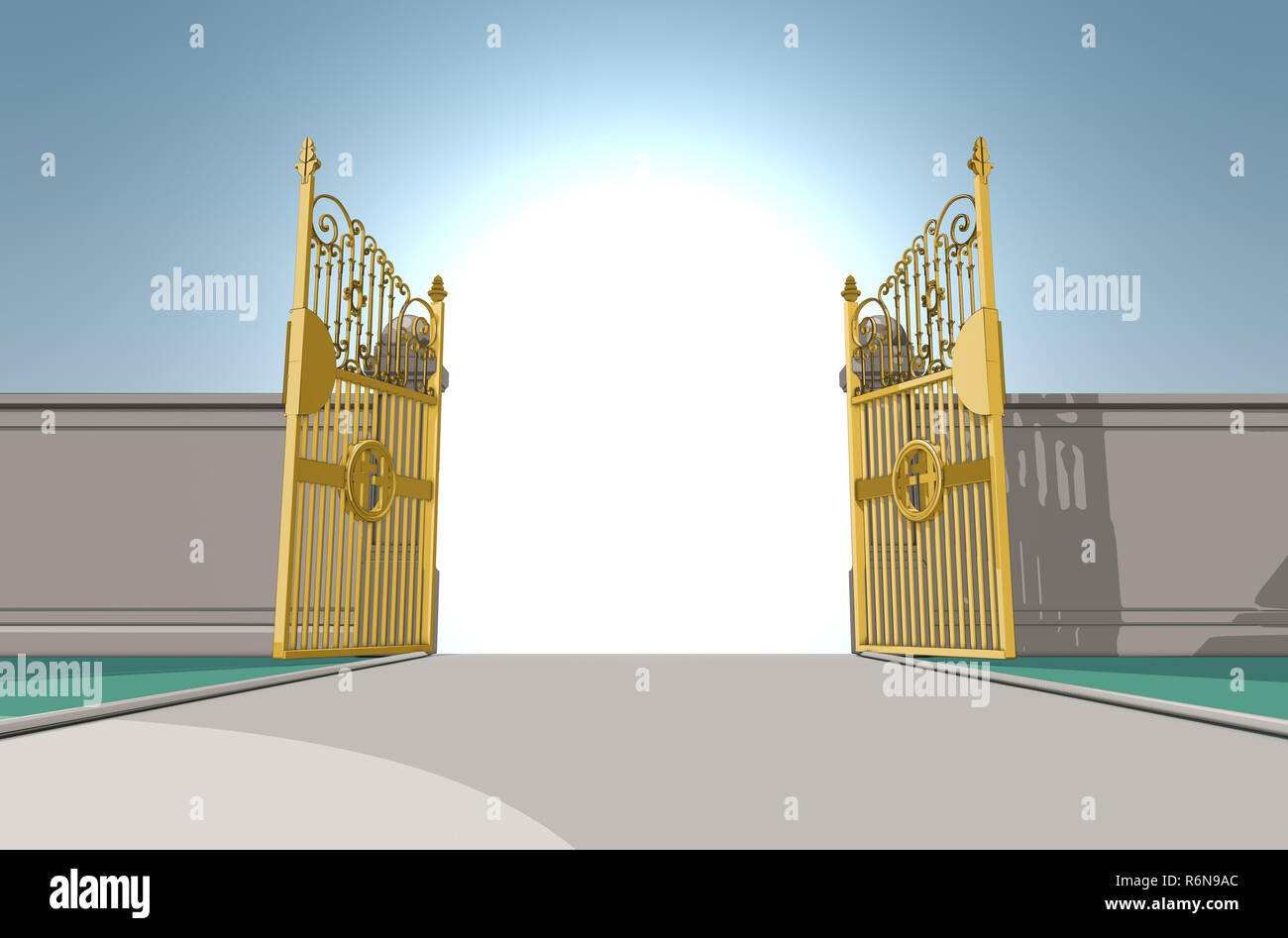 An illustrated depiction of the golden pearly gates of heaven fully opened on a blue sky background - 3D render Stock Photo