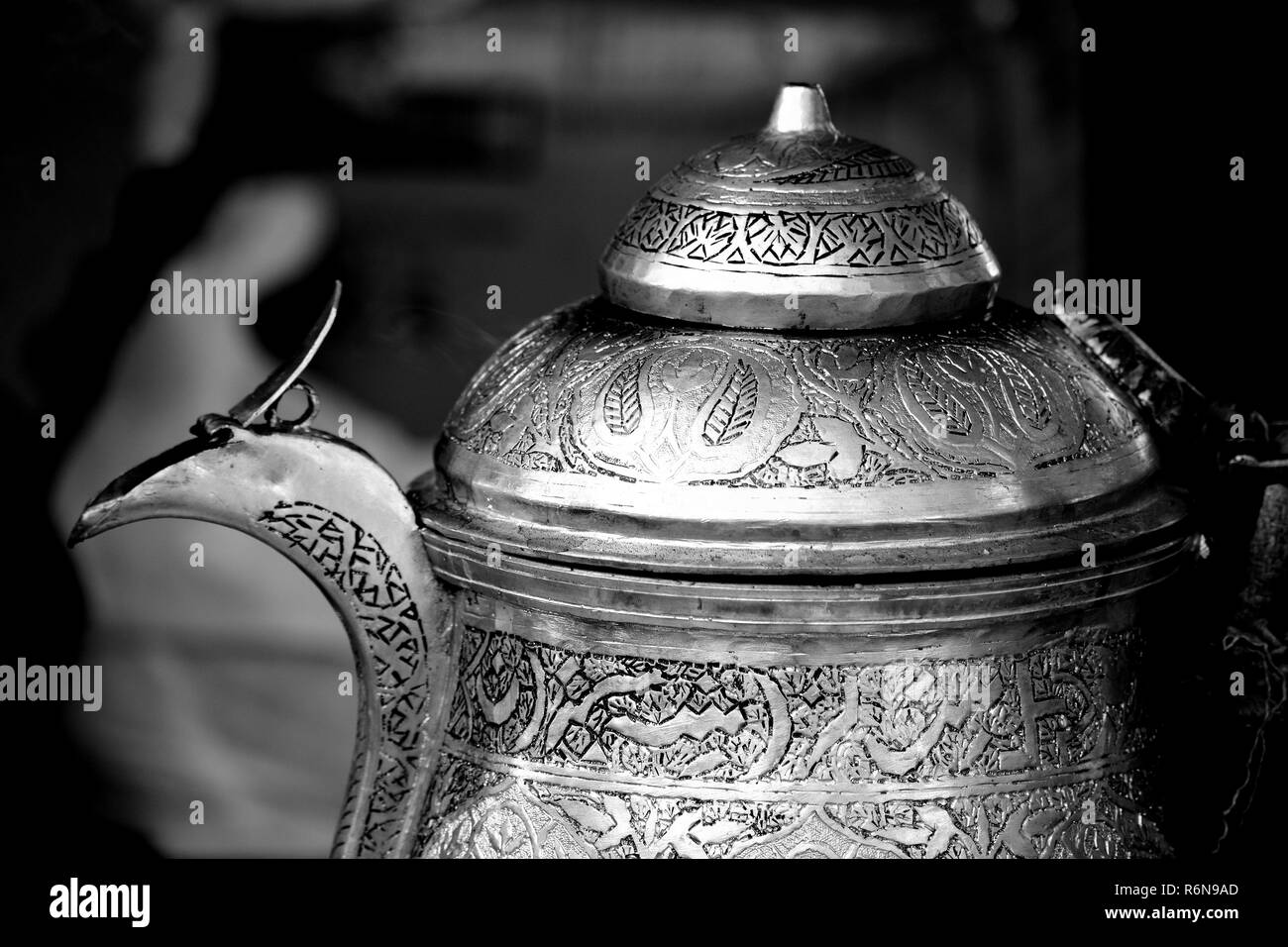 Close up of a silver Samovar (or traditional Kashmiri kettle) used to brew, boil and serve Kashmiri tea. Stock Photo