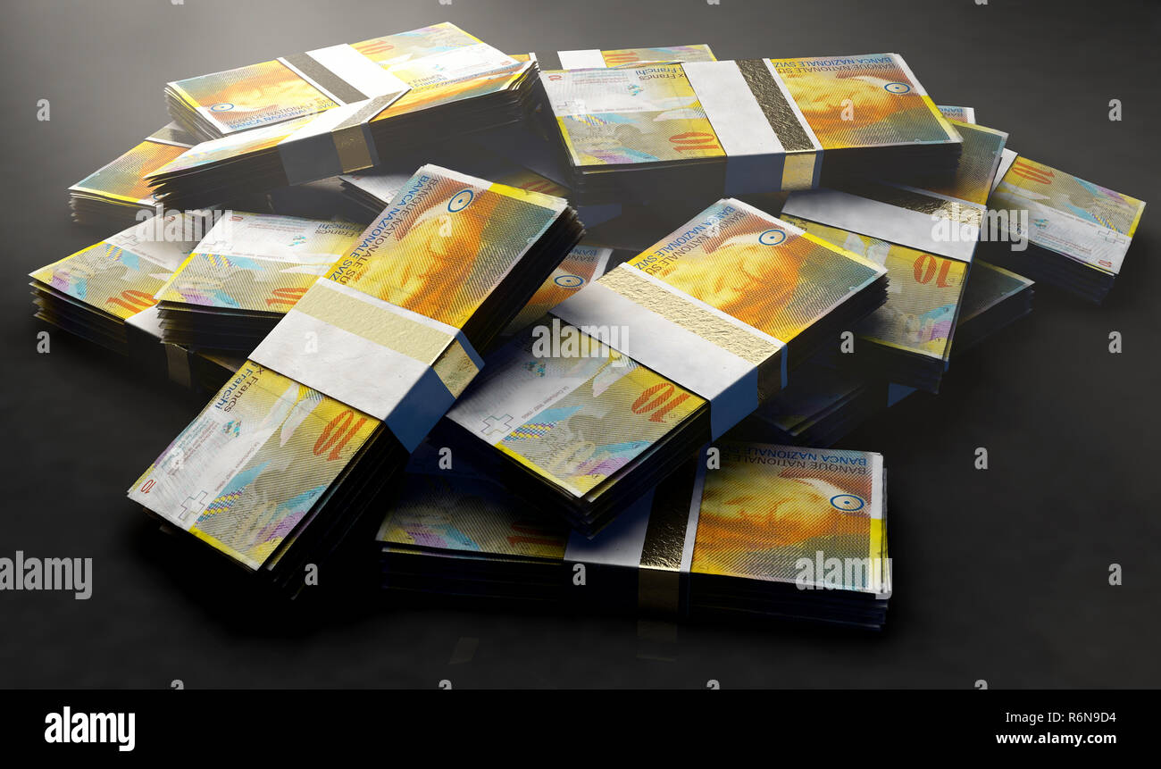 A pile of randomly scattered bundles of swiss franc banknotes on an isolated background - 3D render Stock Photo