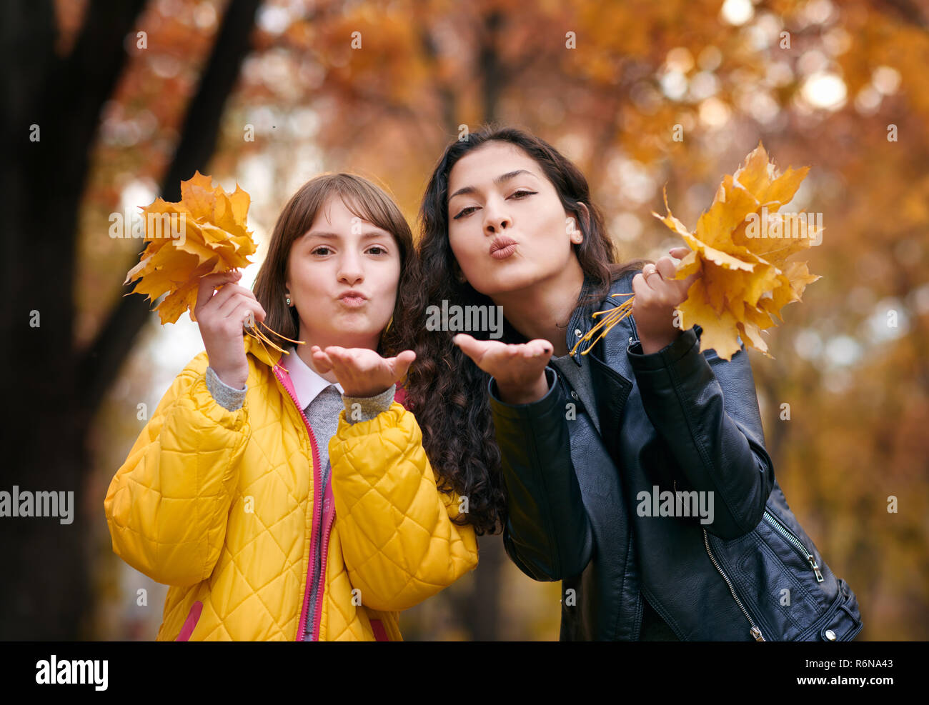 Pretty woman and teen girl are posing with bunch of maple's leaves in ...