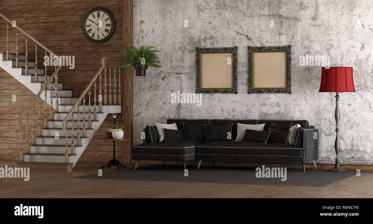 Retro room with stair and sofa Stock Photo