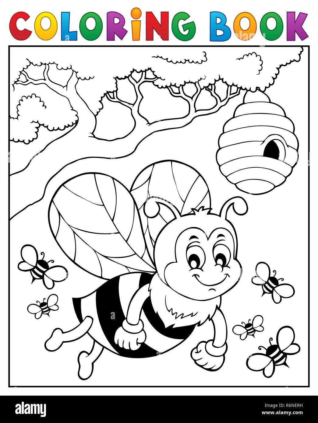 Coloring book happy bee theme 2 Stock Photo - Alamy