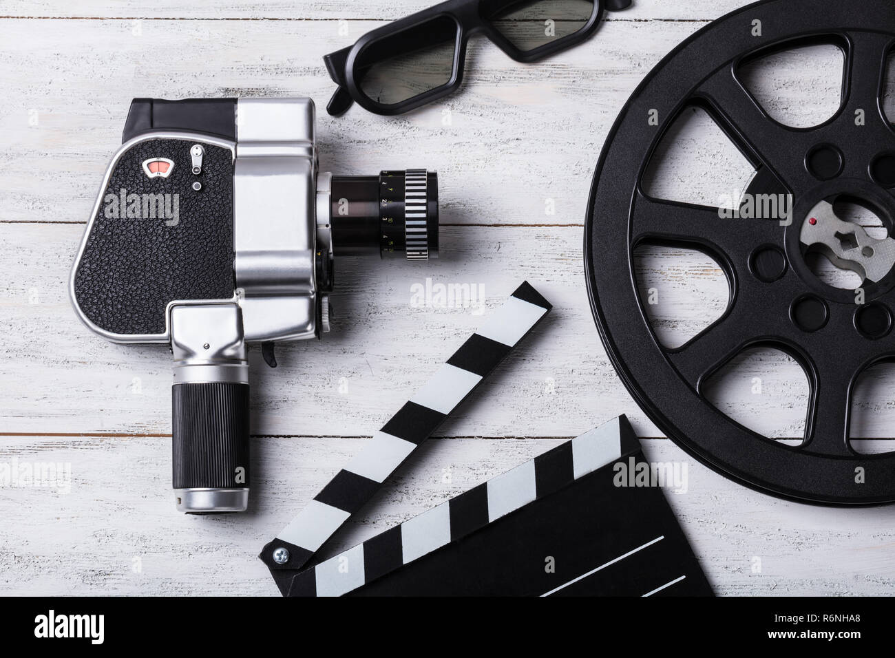Elevated View Of Movie Camera Film Reel And Clapper Board Stock Photo Alamy