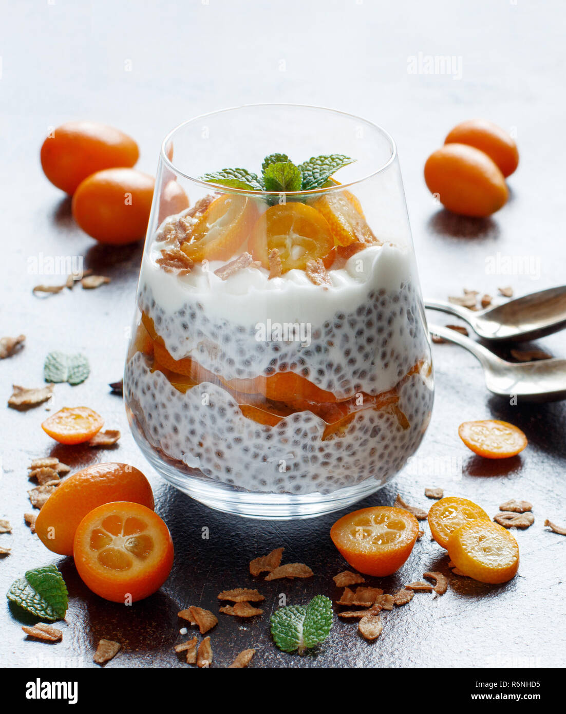 Chia pudding parfait with kumquat Stock Photo - Alamy