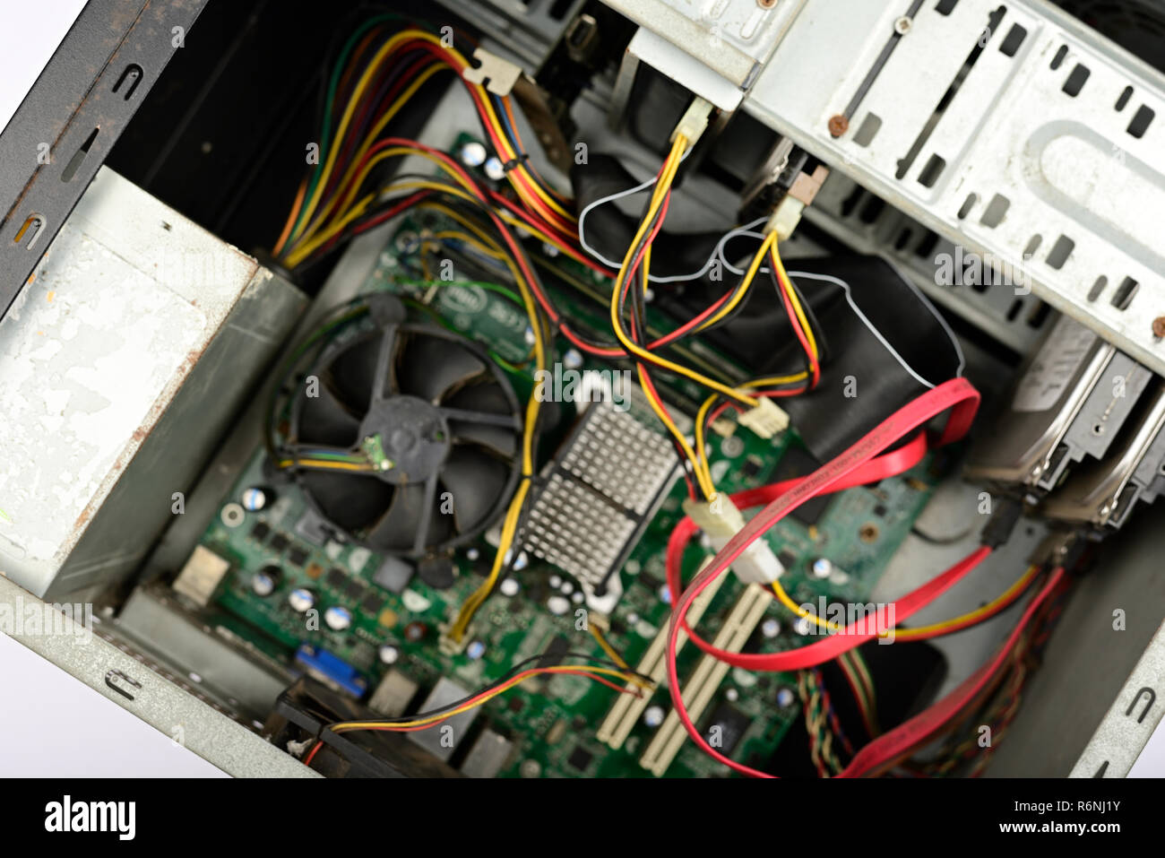 Electronic circuit Board known as a Motherboard in a desktop CPU in a PC. Stock Photo