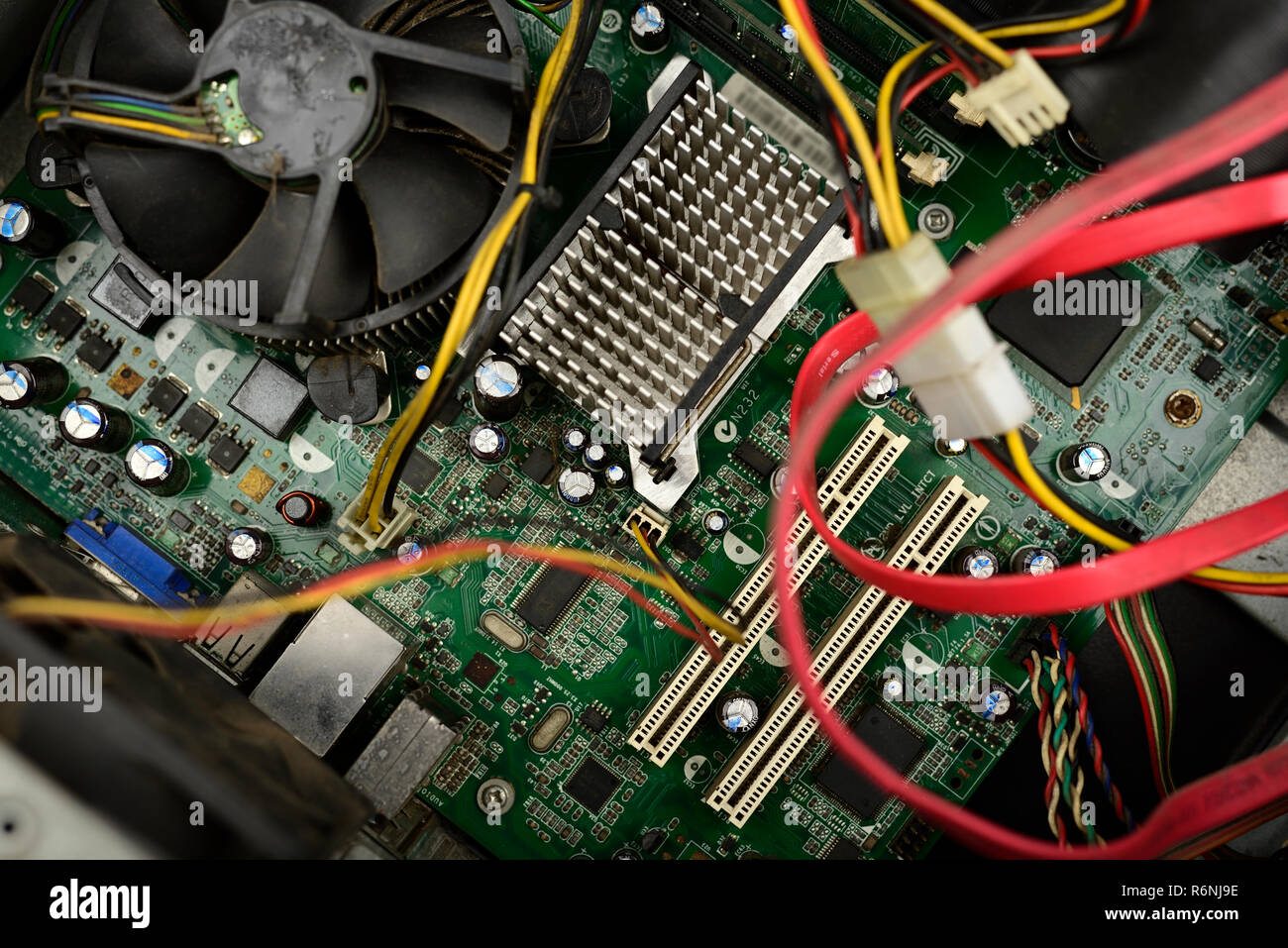 Electronic circuit Board known as a Motherboard in a desktop CPU in a PC. Stock Photo