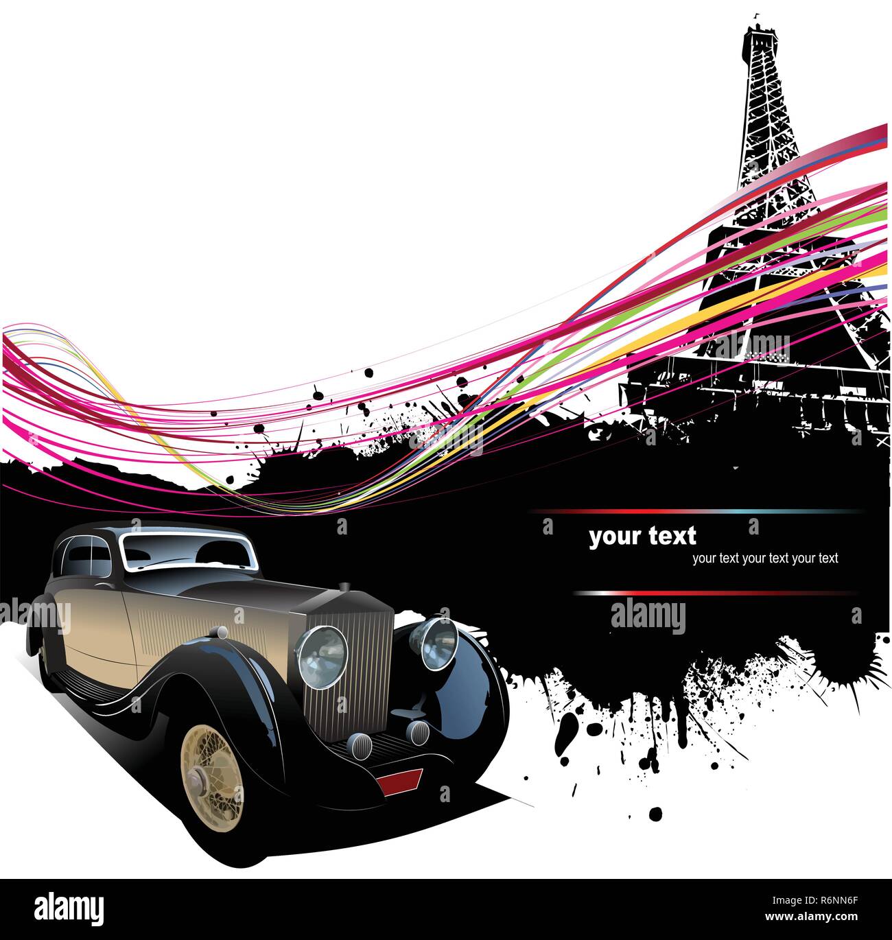 Old car with Paris image background. Vector illustration Stock Vector