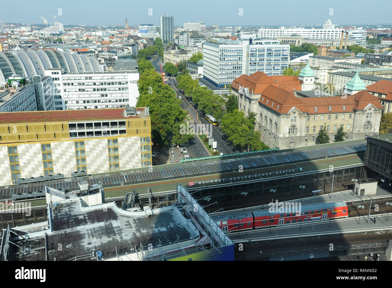 15.09.2014, Berlin, Germany, Europe - A view from above of Berlin's western district of Charlottenburg, Hardenbergstrasse and the Bahnhof Zoo. Stock Photo