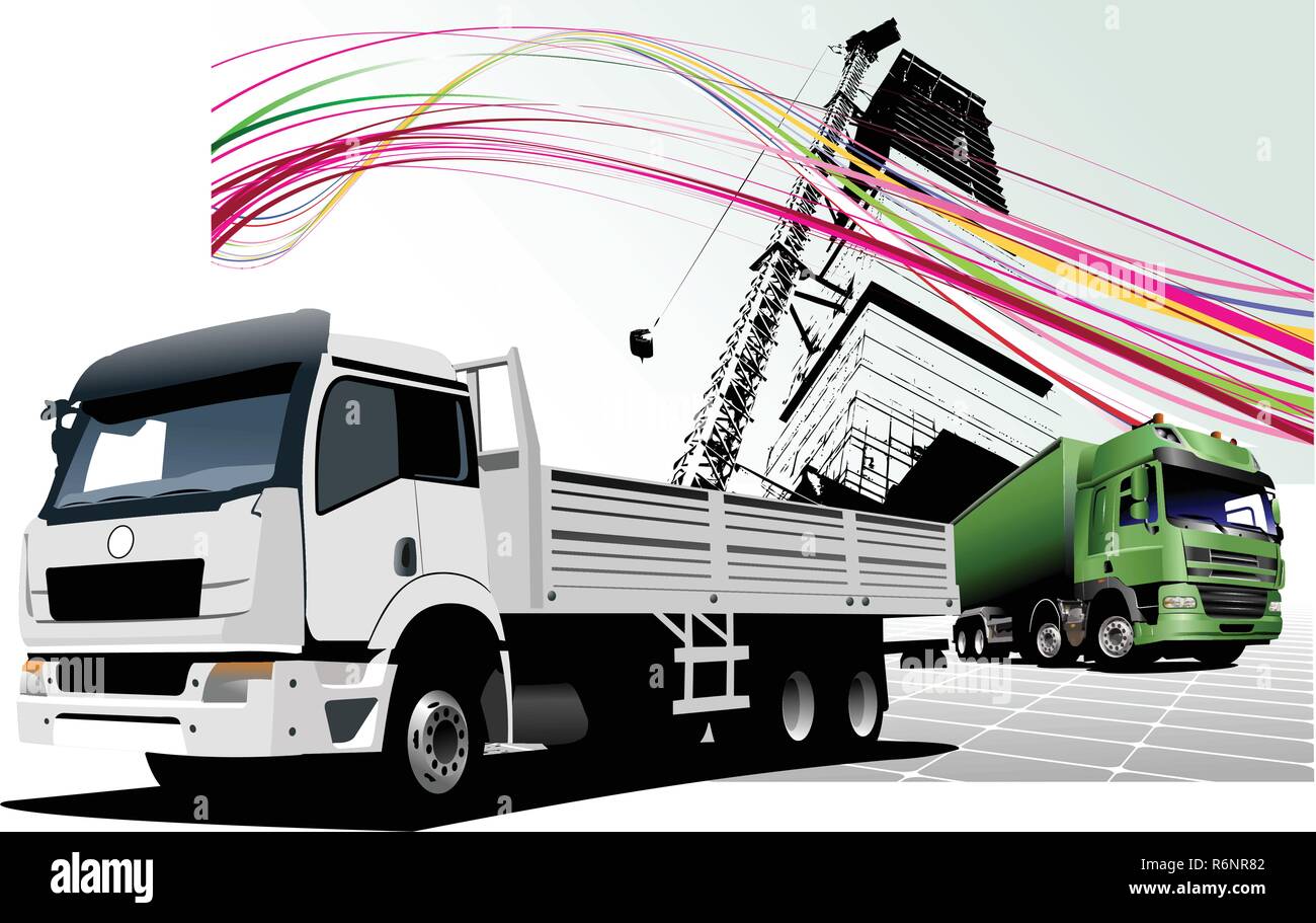 Two  trucks on the road. Colored Vector illustration Stock Vector