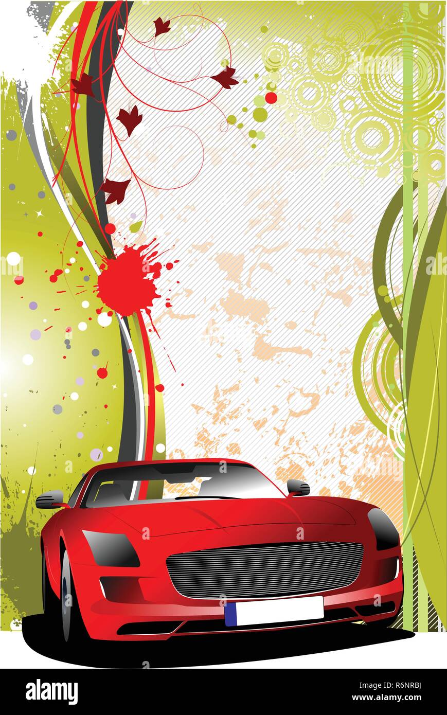 Green and red grunge background with red car. Vector Stock Vector