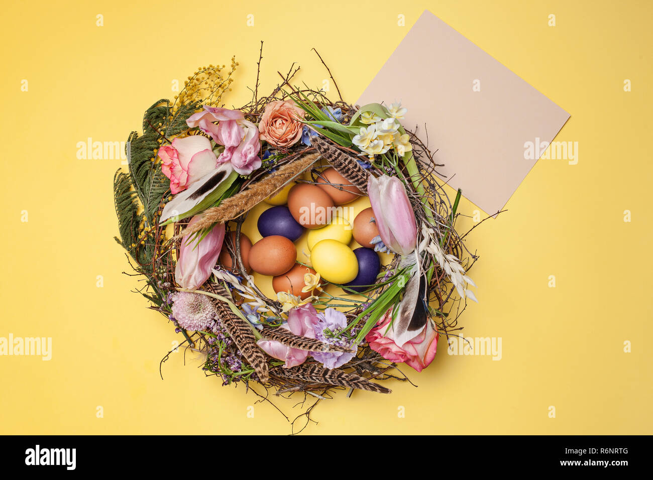 Easter card. Painted Easter eggs in nest on yellow background Stock ...