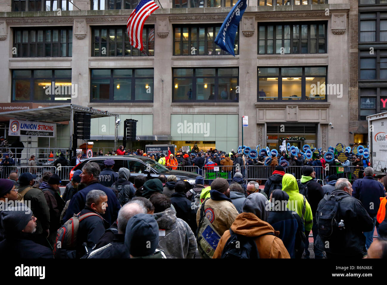 A union labor rally held outside Charter Spectrum's offices denouncing their union busting, and deceptive business practices, New York, NY Dec 5, 2018 Stock Photo