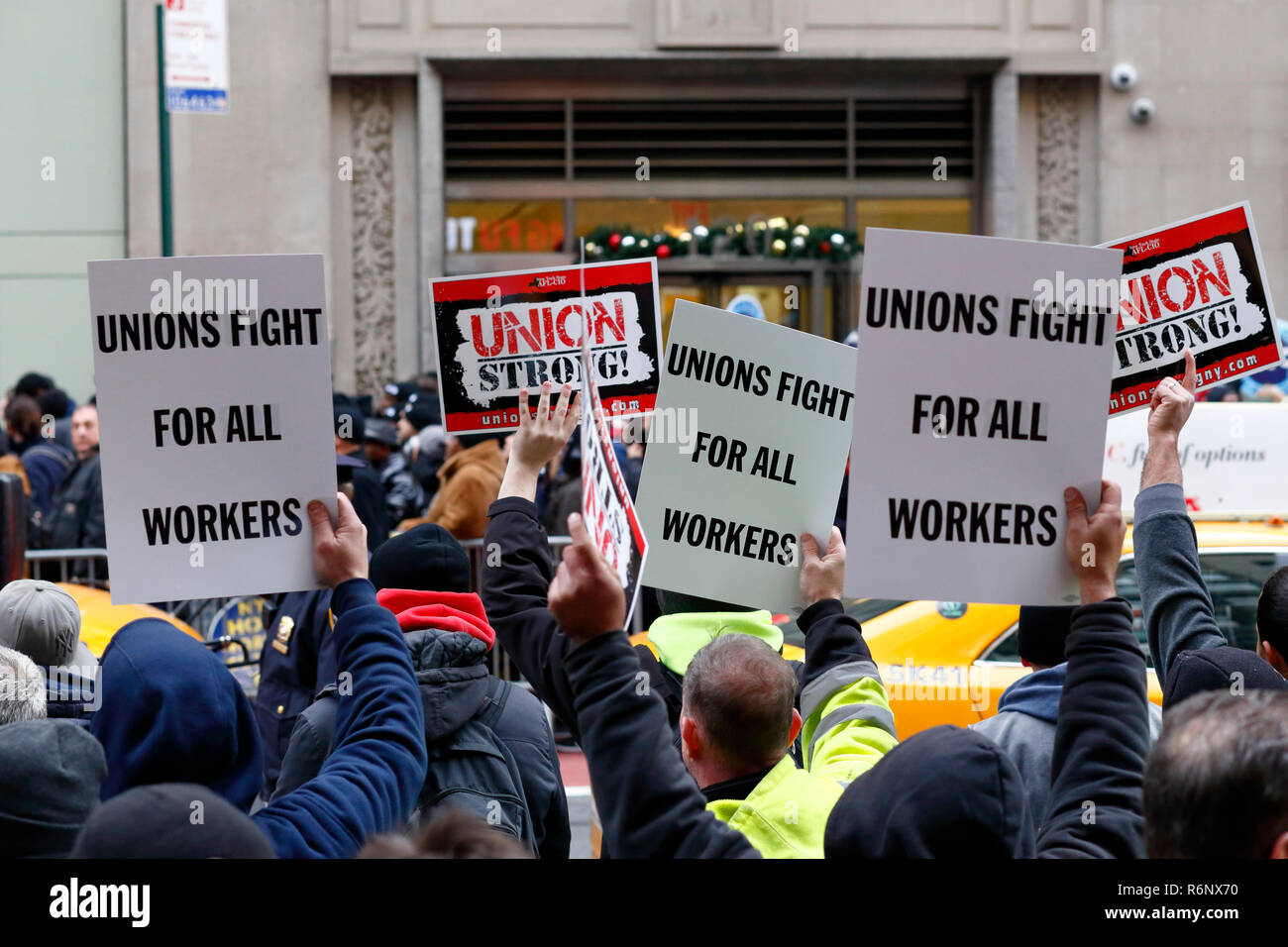 A union labor rally/protest outside Charter Spectrum cable company in New York City (December 5, 2018) Stock Photo