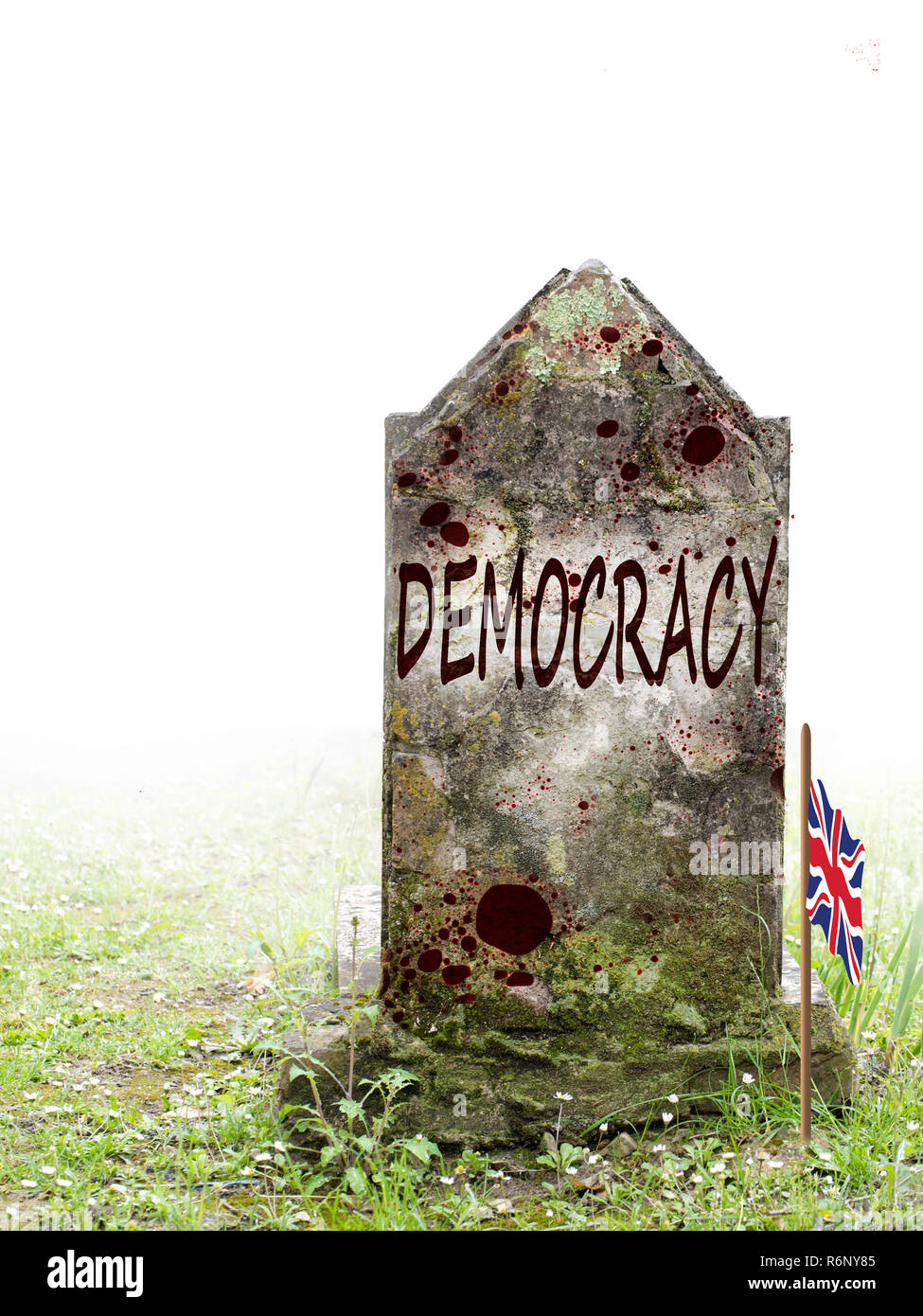 Democracy is dead, UK EU referendum politics. Ancient gravestone in fog, with blood and bedraggled Union Jack flag. Stock Photo