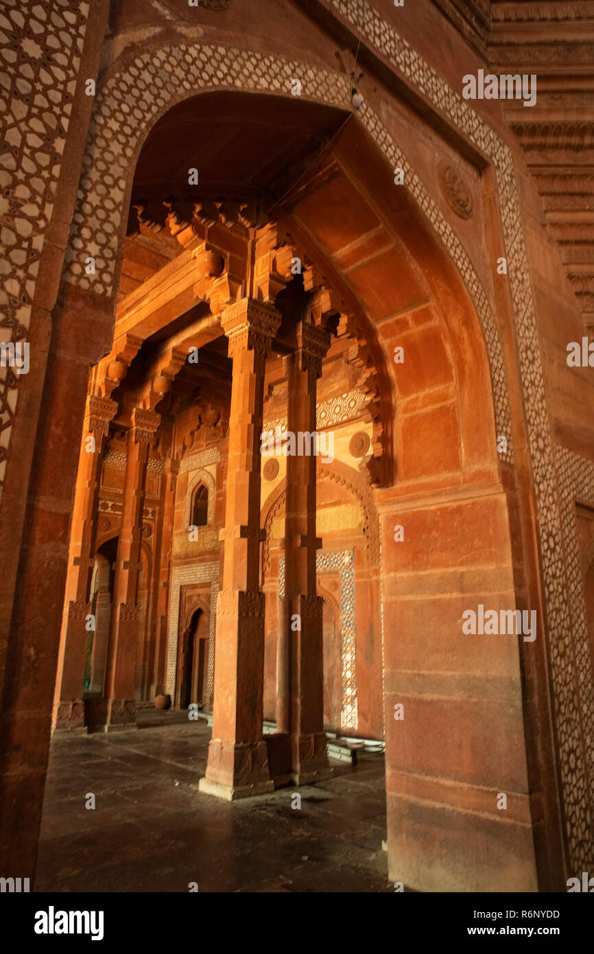 Interior,pillars,arches,columns,Mosque,Fatehpursikri,architecture,Mughal period,reign,of the Emperor,Akbar,Agra,U.P.India. Stock Photo