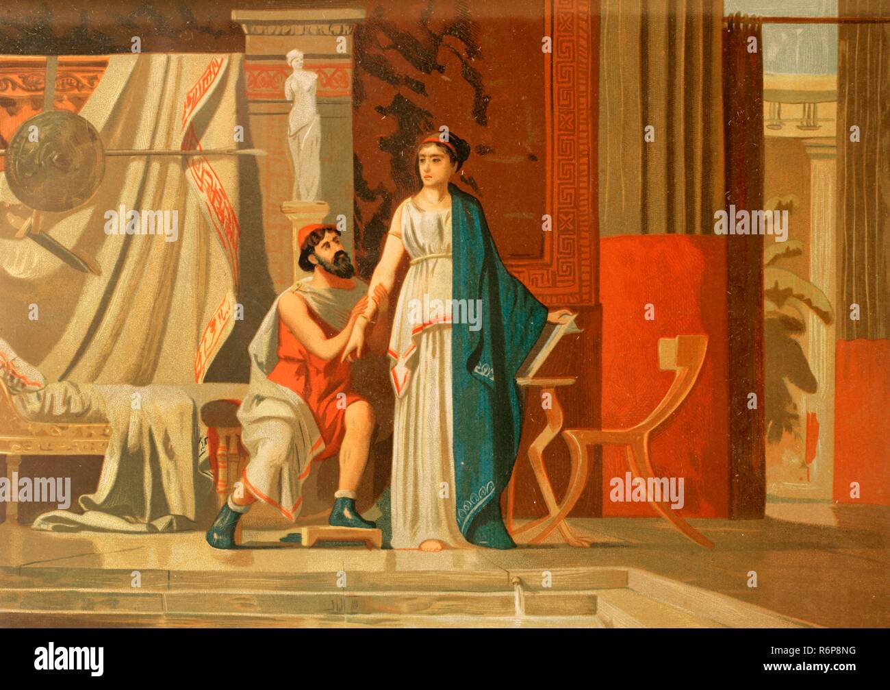 Ancient Greece. Classical-era Athens. Aspasia of Miletus (c. 470-400 BC). with her lover Pericles. Chromolithography. La Civilizacion (The Civilization), volume II, 1881. Stock Photo