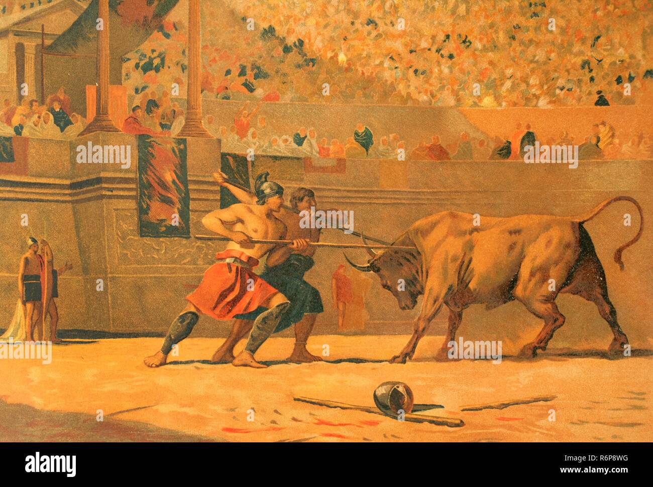 Late Roman Republic. 1st century BC. Feast in honor of Julius Caesar in the Roman circus. Gladiators fighting a bull. Chromolithography. La Civilizacion (The Civilization), 1881. Stock Photo