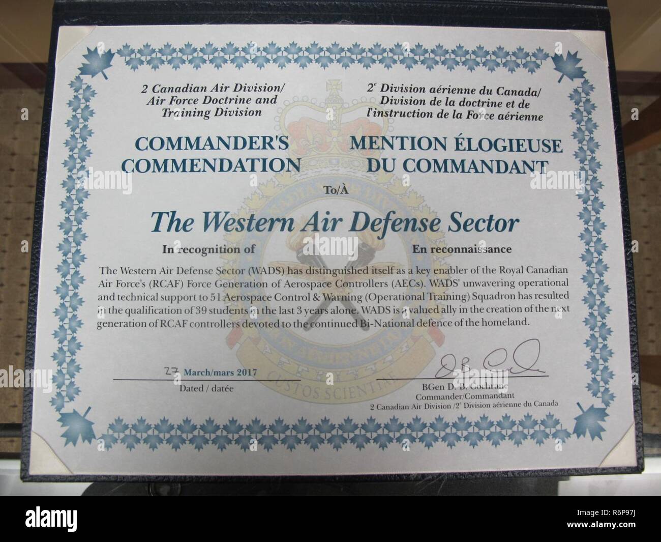 The 2nd Canadian Air Division Commander S Unit Commendation Citation Is Presented To The Western Air Defense Sector During The Canadian Mess Dinner April 7 For Providing Critical Live And Virtual Training To