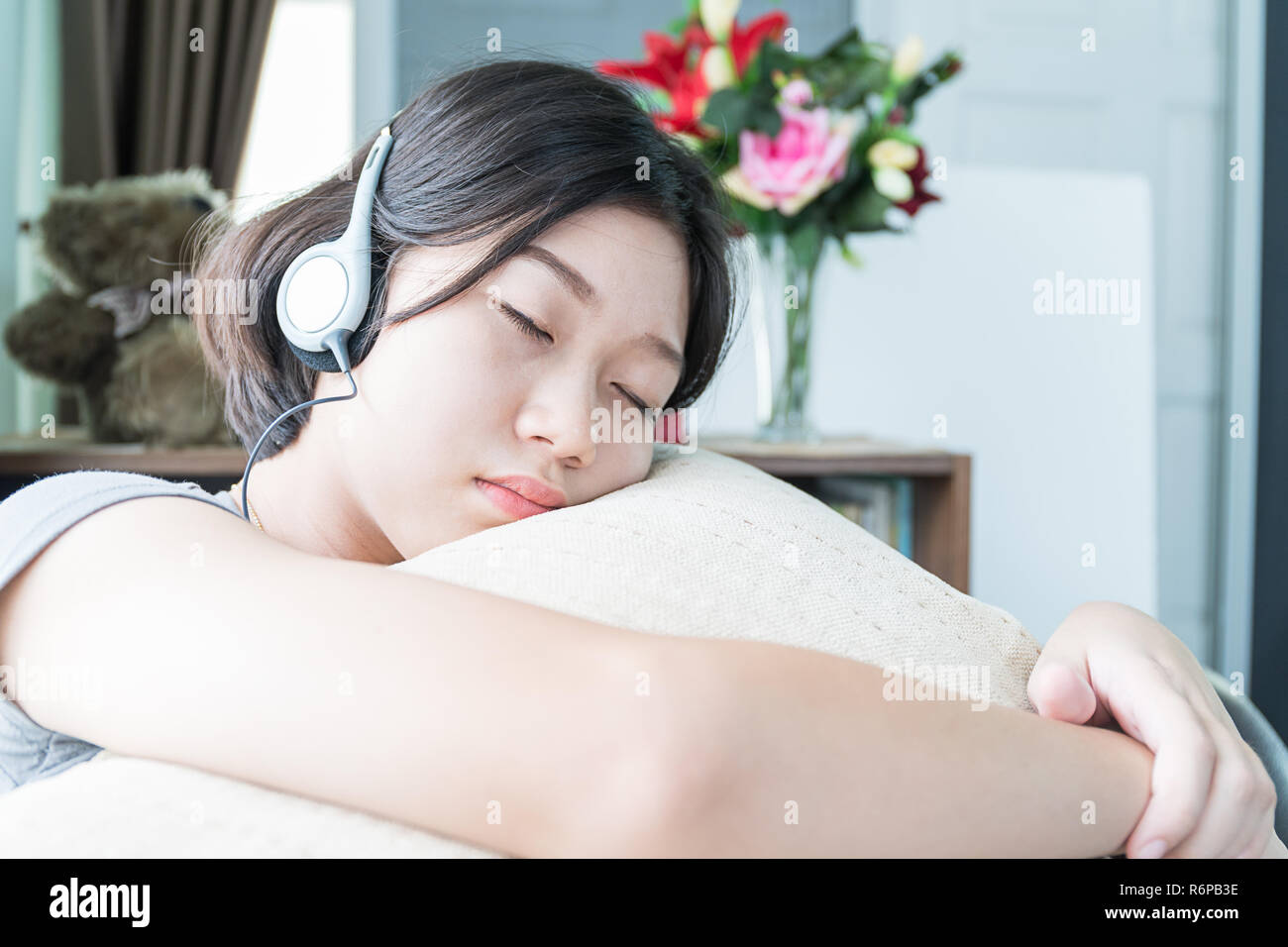 Asian Woman Short Hair Listening Music Stock Photo 227914386 Alamy