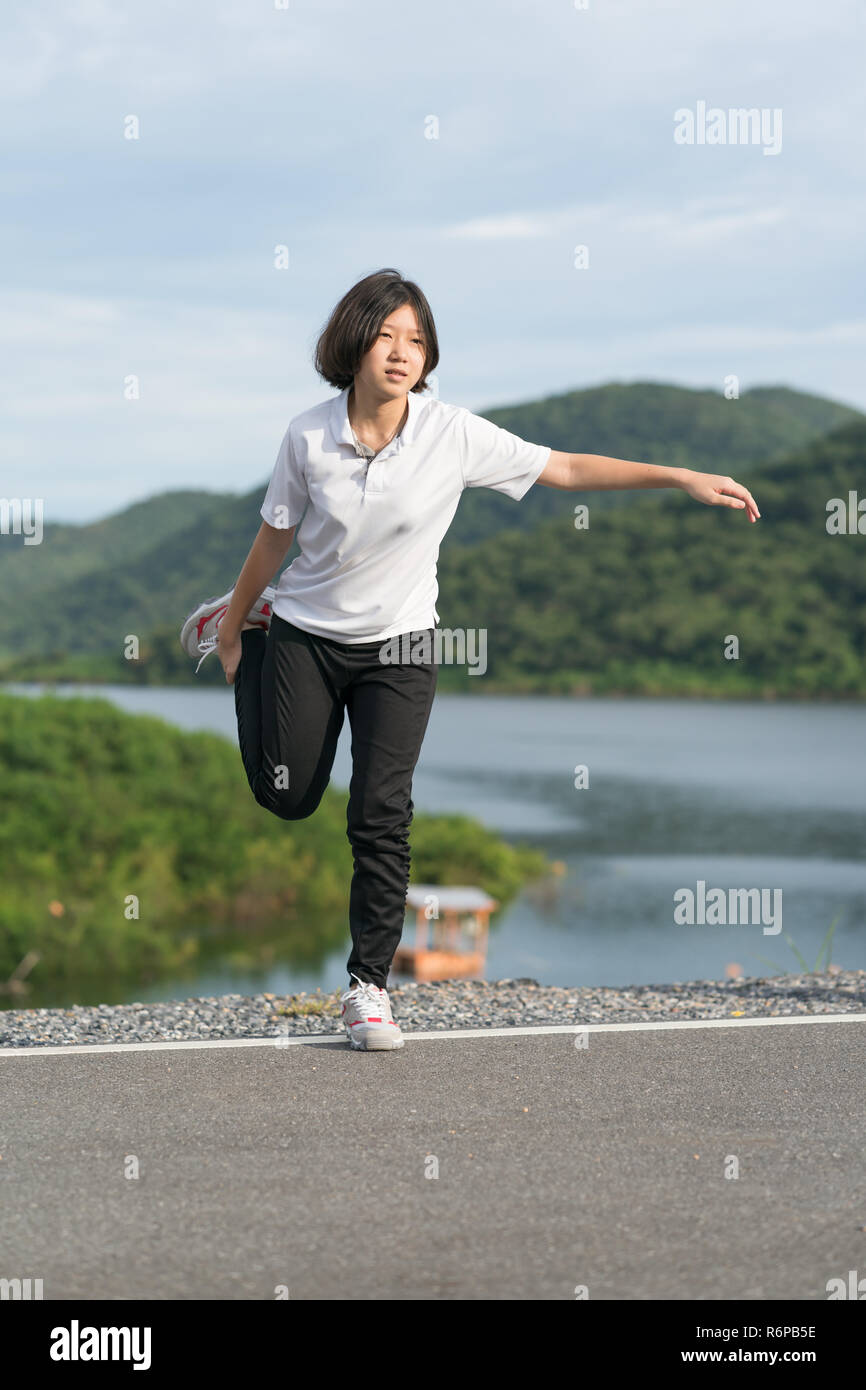Woman Short Hair Doing Exercising Outdoor Stock Photo 227914442