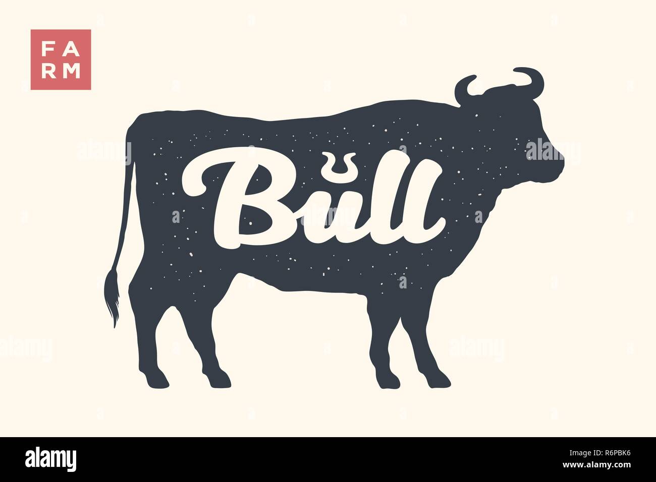 Farm animals set. Isolated bull silhouette and word Bull Stock Vector